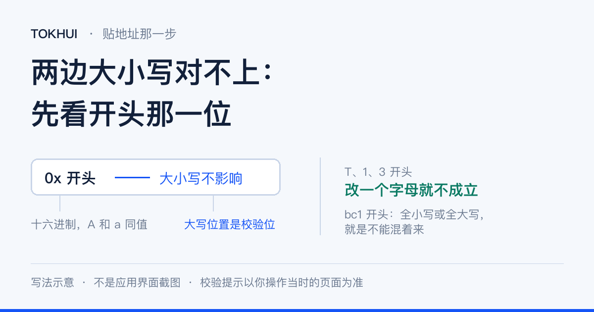 写法示意:左边一个格子写着「0x 开头」,引线标出「大小写不影响」「大写位置是校验位」;右边写着「T、1、3 开头,改一个字母就不成立」