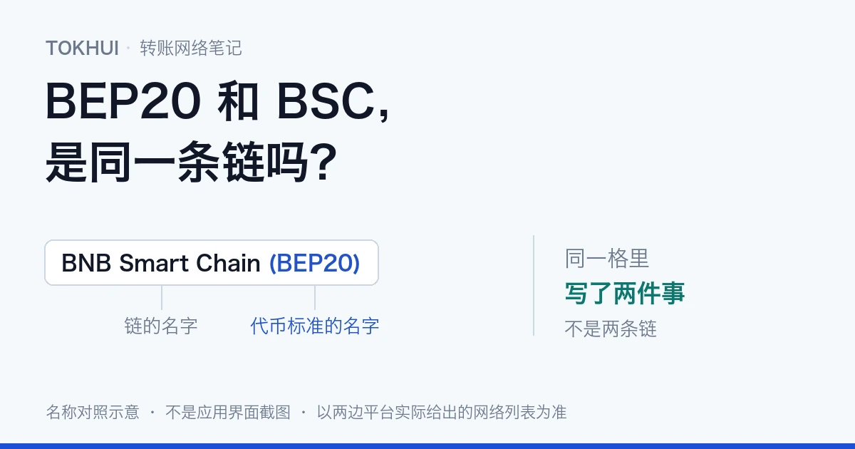 名称对照示意:一个界面格子里写着 BNB Smart Chain (BEP20),两条引线分别标出「链的名字」和「代币标准的名字」