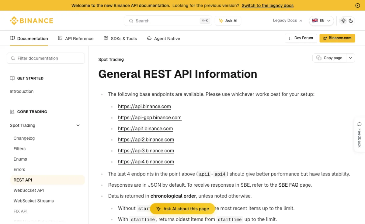 Binance 开发者文档的现货 REST API 页面