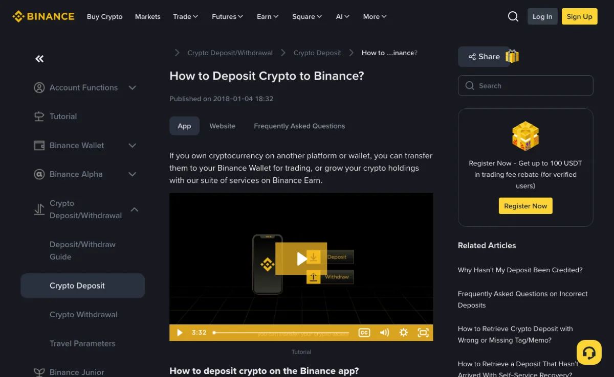 Binance 官方充值帮助页显示 App、Website 与常见问题三个说明入口