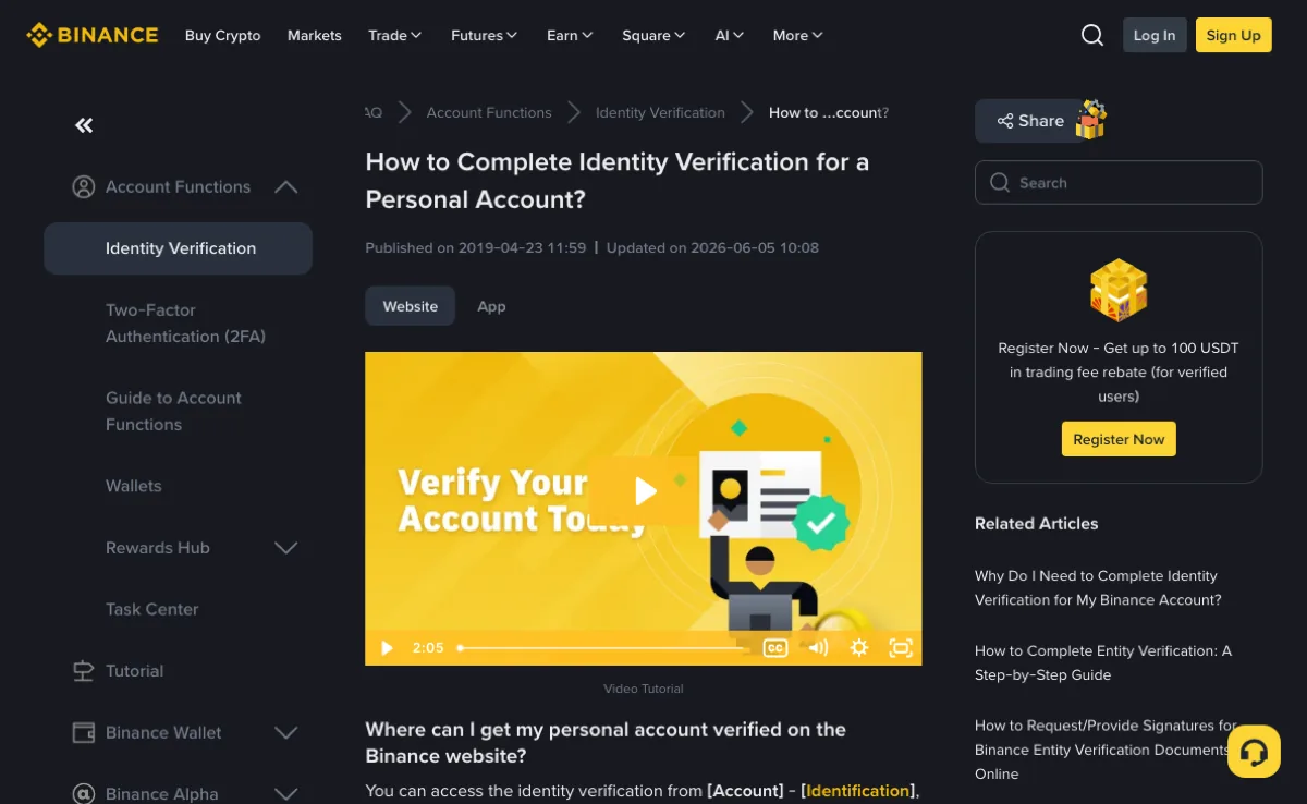 Binance 官方个人账户身份认证帮助页面