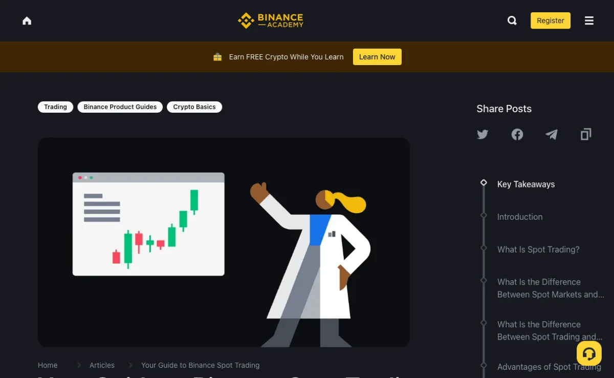 Binance Academy 公开现货交易指南页面，展示现货操作文章与目录