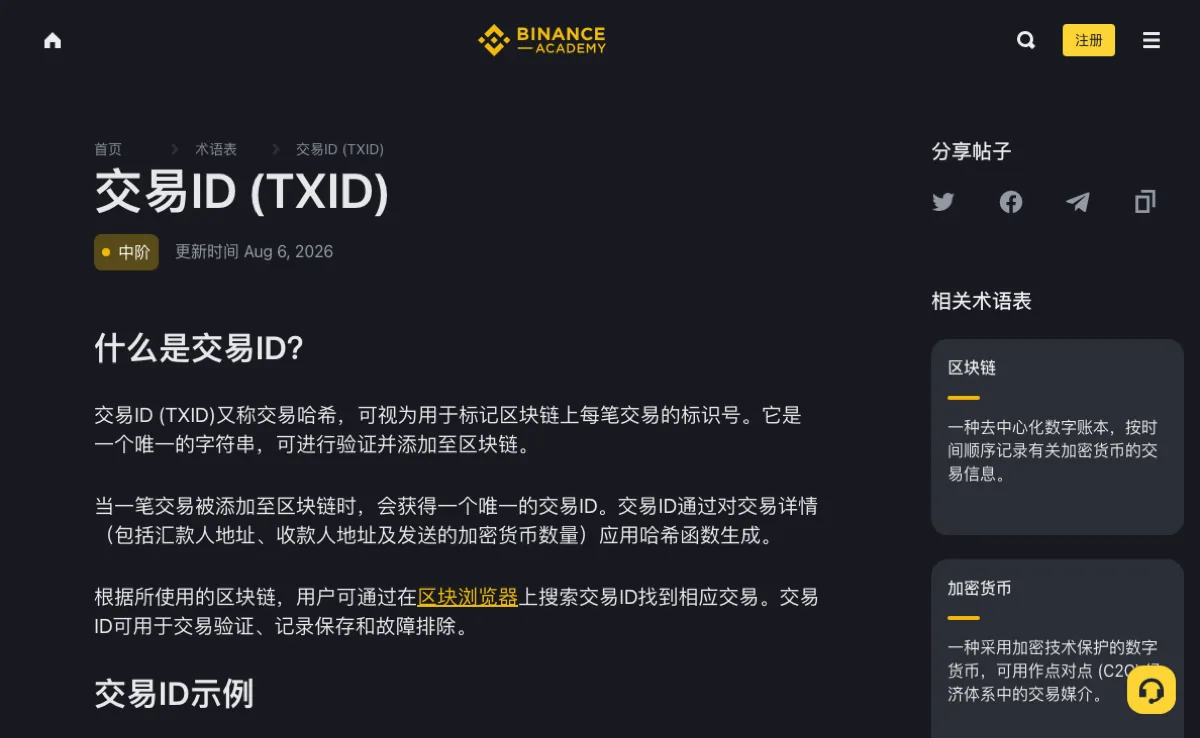 Binance Academy 公开页面解释交易 ID 可用于区块浏览器查询