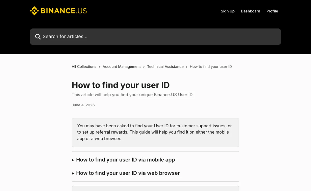 Binance.US 官方帮助页将 User ID 查找分为手机 App 与网页浏览器两种路径