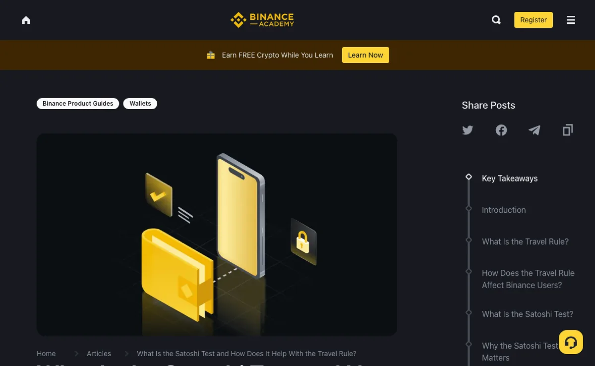 Binance Academy 公开页面展示钱包验证与安全主题插图及文章目录