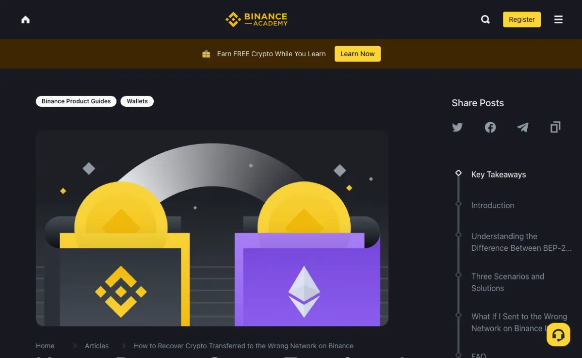 Binance Academy 转错网络恢复说明页面